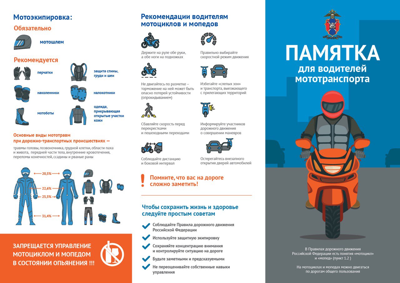В связи с ростом числа погибших детей-водителей мототранспорта, в целях профилактики ДТП с участием детей, управляющих транспортными средствами, ГУОДД МВД России подготовили памятку для водителей мототранспорта
